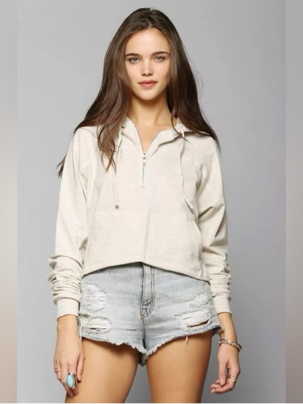 Wildfox Cozy Cotton Half Zip Beige Pullover Hoodie
